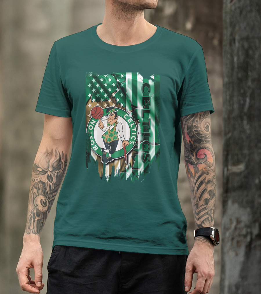 Boston Celtics Shamrock Leprechaun American Flag Basketball T-Shirt