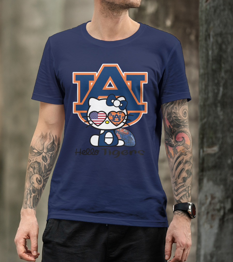 Hello Tigers Auburn Kitty Football American Flag T-Shirt