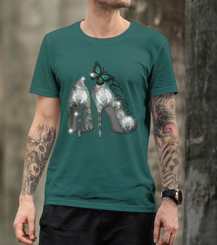 Boston Celtics High Heels With Green Butterfly Sparkle T-Shirt