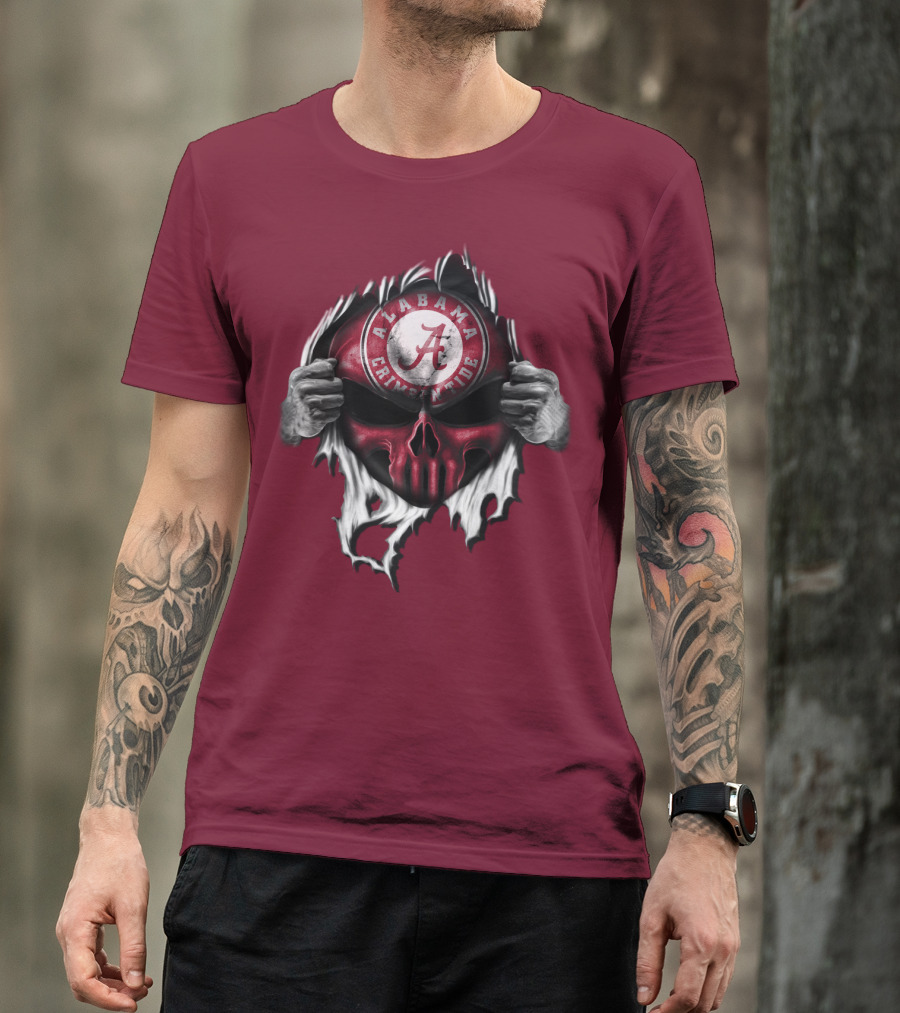 Alabama Crimson Tide Skull Emblem With Red And White Torn Fabric Effect T-Shirt