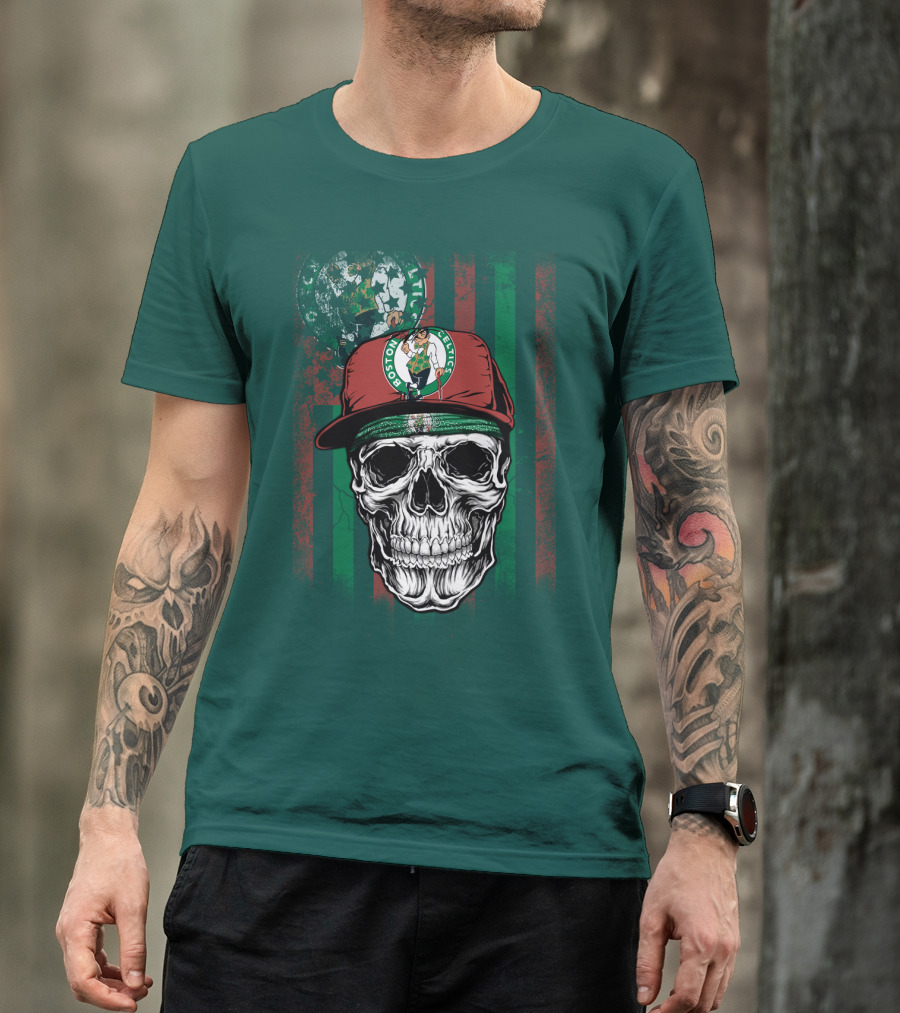 Boston Celtics Skull With Cap And Stripes T-Shirt