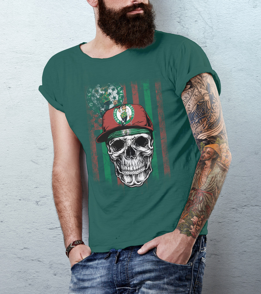 Boston Celtics Skull With Cap And Stripes T-Shirt