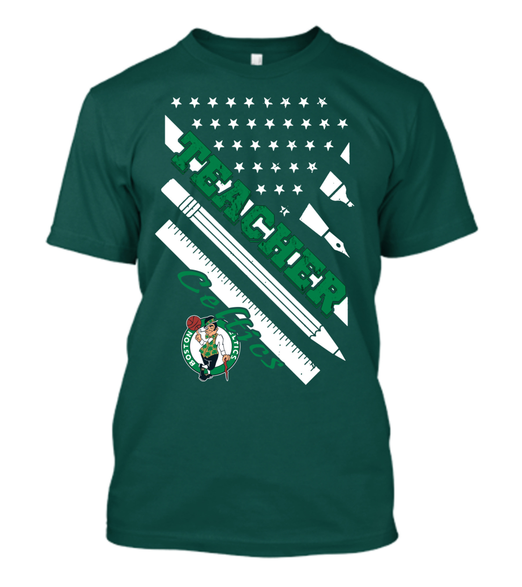 Boston Celtics Teacher Stars And Stripes Pencil Ruler T-Shirt