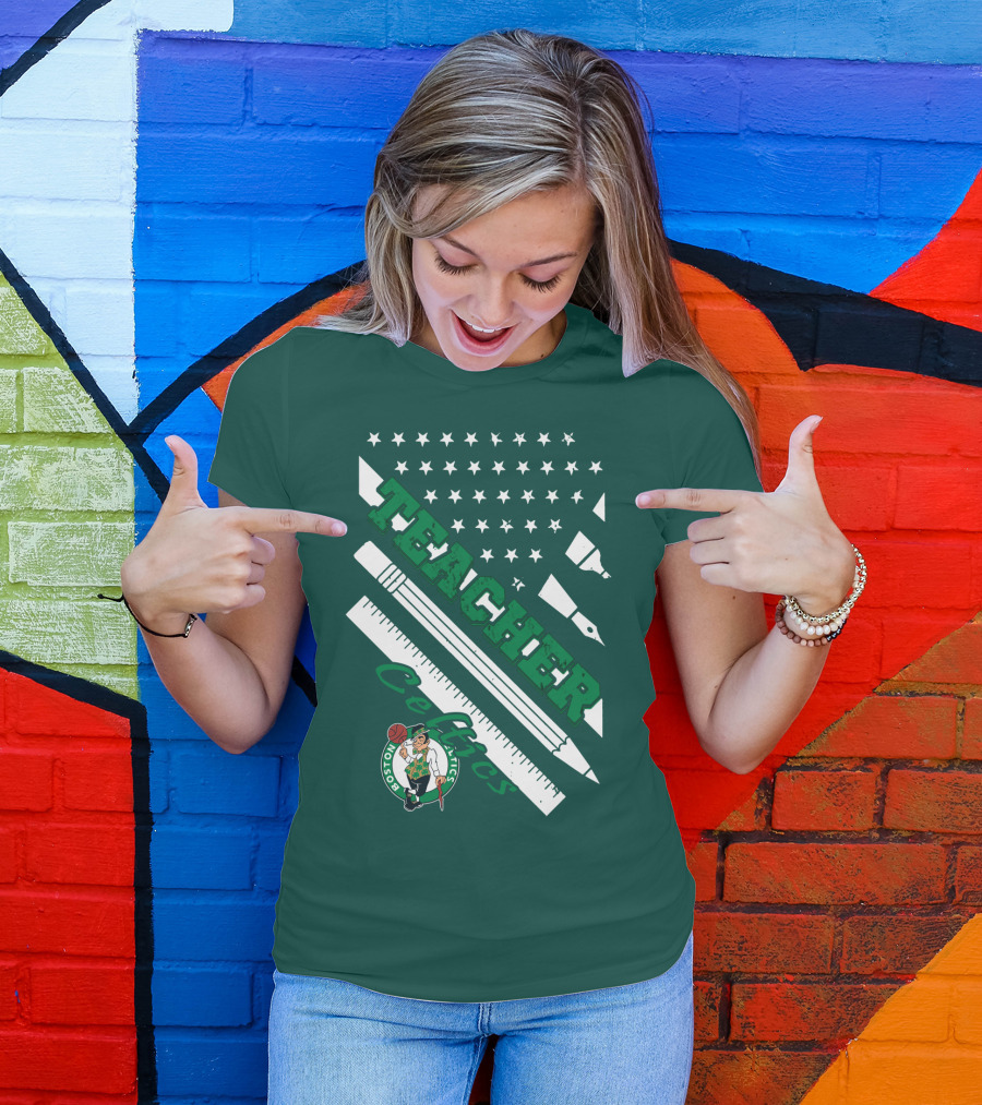 Boston Celtics Teacher Stars And Stripes Pencil Ruler T-Shirt