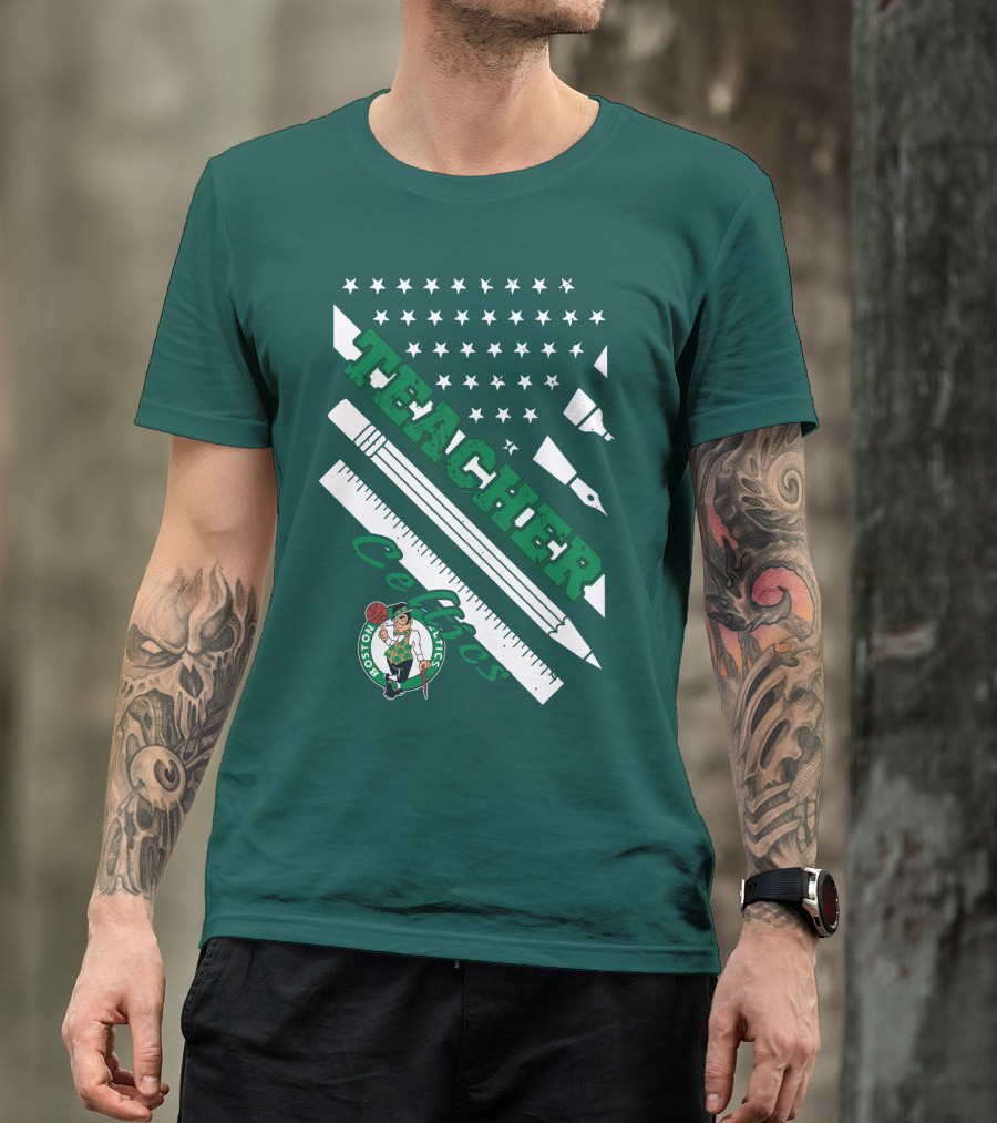 Boston Celtics Teacher Stars And Stripes Pencil Ruler T-Shirt