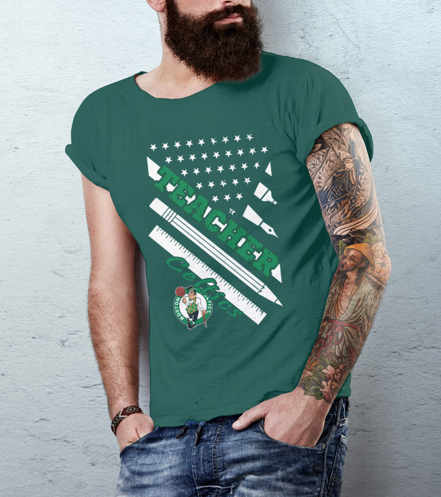 Boston Celtics Teacher Stars And Stripes Pencil Ruler T-Shirt