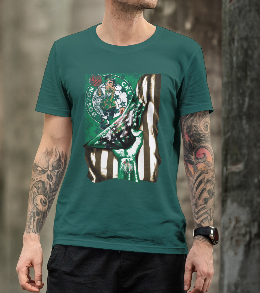 Boston Celtics Hand Lifting Flag With Lucky The Leprechaun And Basketball T-Shirt