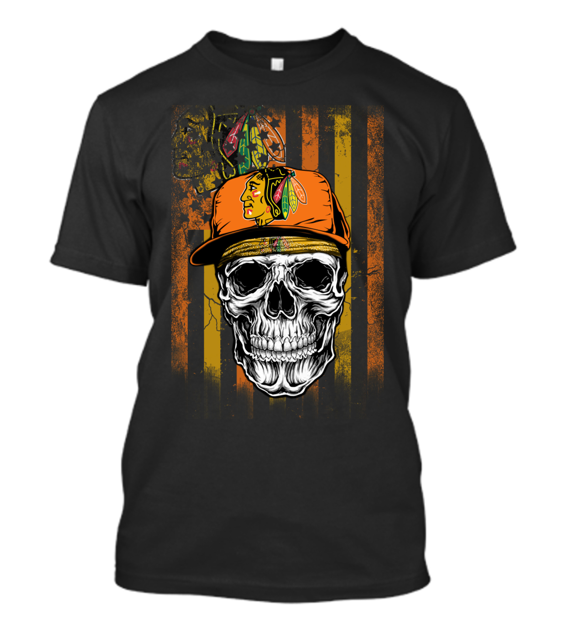 Chicago Blackhawks Skull With Hat And Feathered T-Shirt