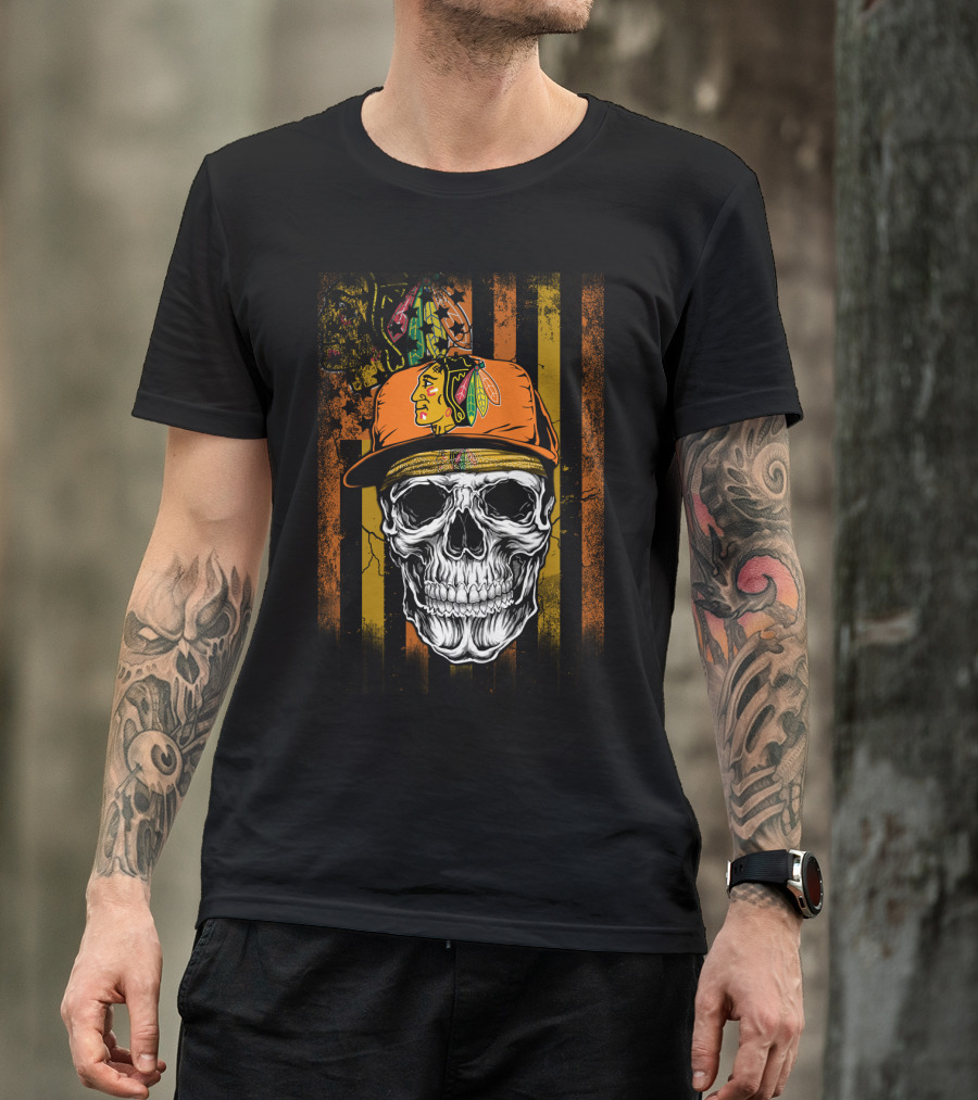 Chicago Blackhawks Skull With Hat And Feathered T-Shirt