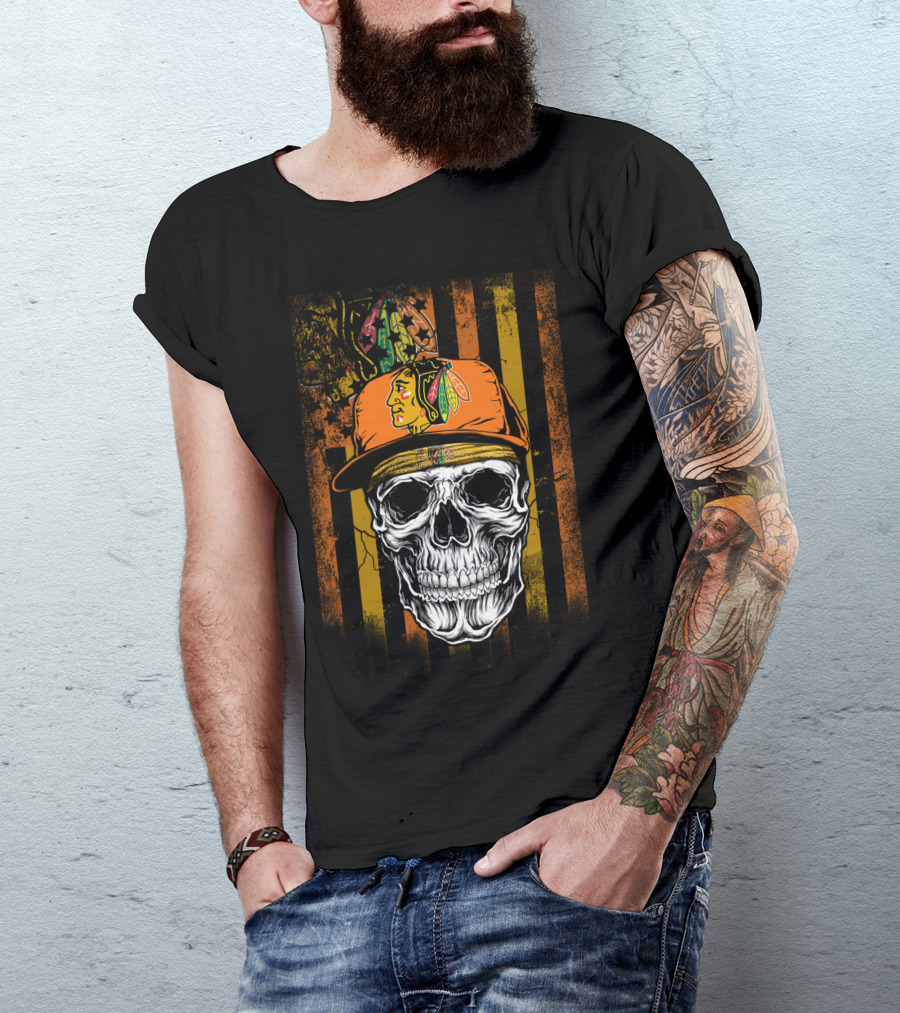 Chicago Blackhawks Skull With Hat And Feathered T-Shirt