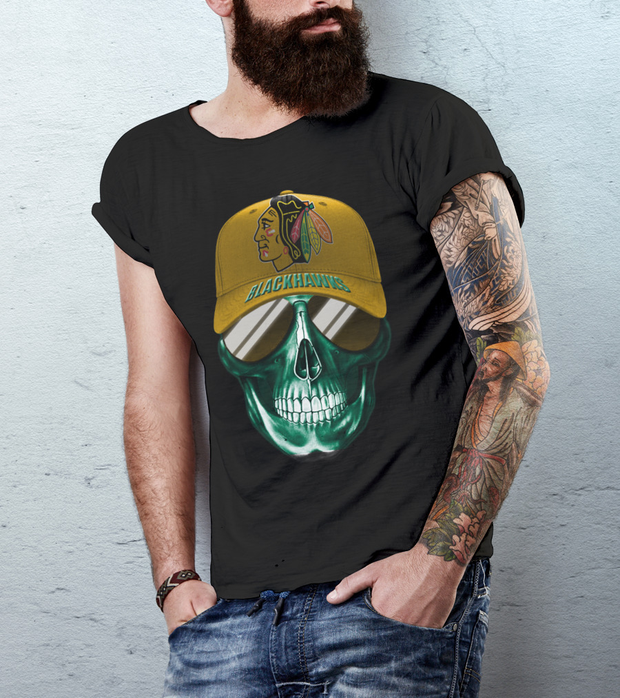 Chicago Blackhawks Skull With Iconic Logo And Cap T-Shirt