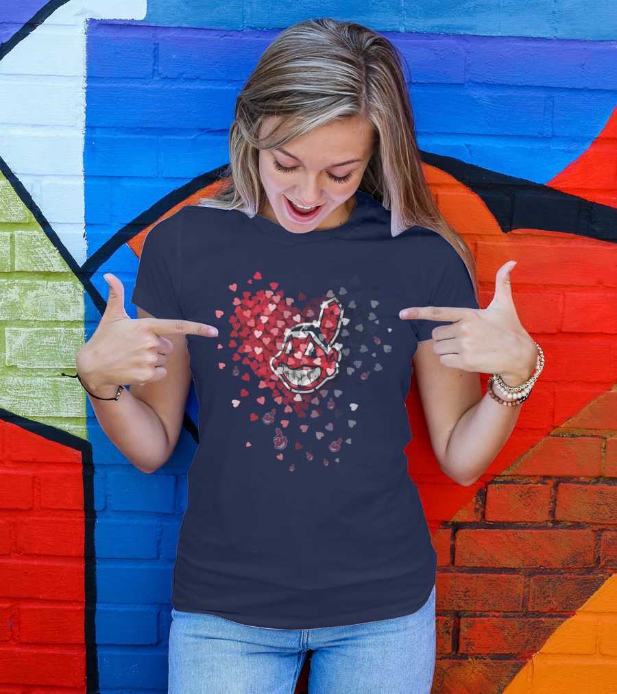 Cleveland Indians Heart Logo With Feathered Chief Wahoo In Blue And Red T-Shirt