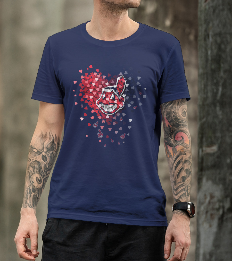 Cleveland Indians Heart Logo With Feathered Chief Wahoo In Blue And Red T-Shirt