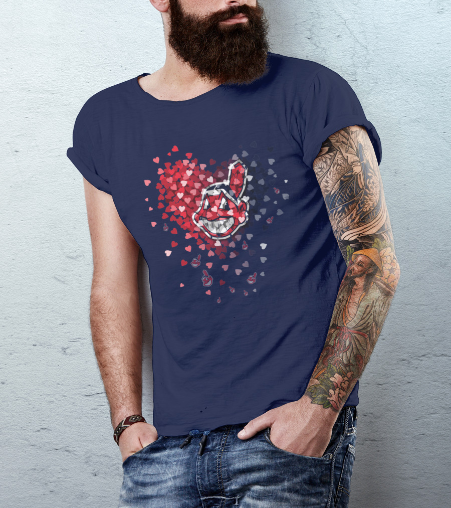 Cleveland Indians Heart Logo With Feathered Chief Wahoo In Blue And Red T-Shirt