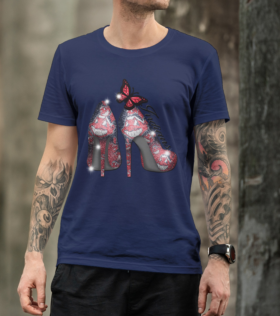 Cleveland Indians Heels With Butterfly And Baseball Motif T-Shirt