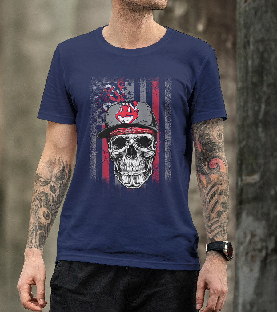 Cleveland Indians Skull Wearing Chief Wahoo Cap With American Flag T-Shirt