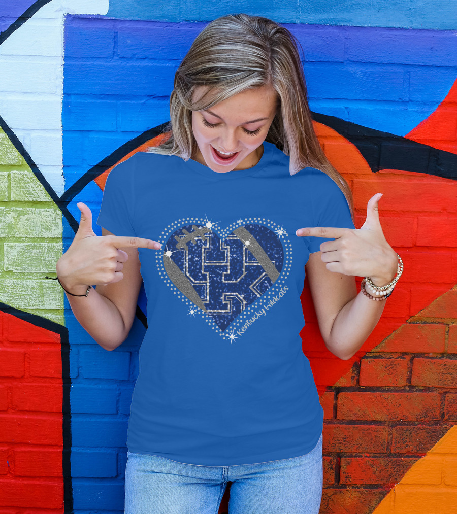 Kentucky Wildcats Heart Football Logo Sparkle Blue T-Shirt