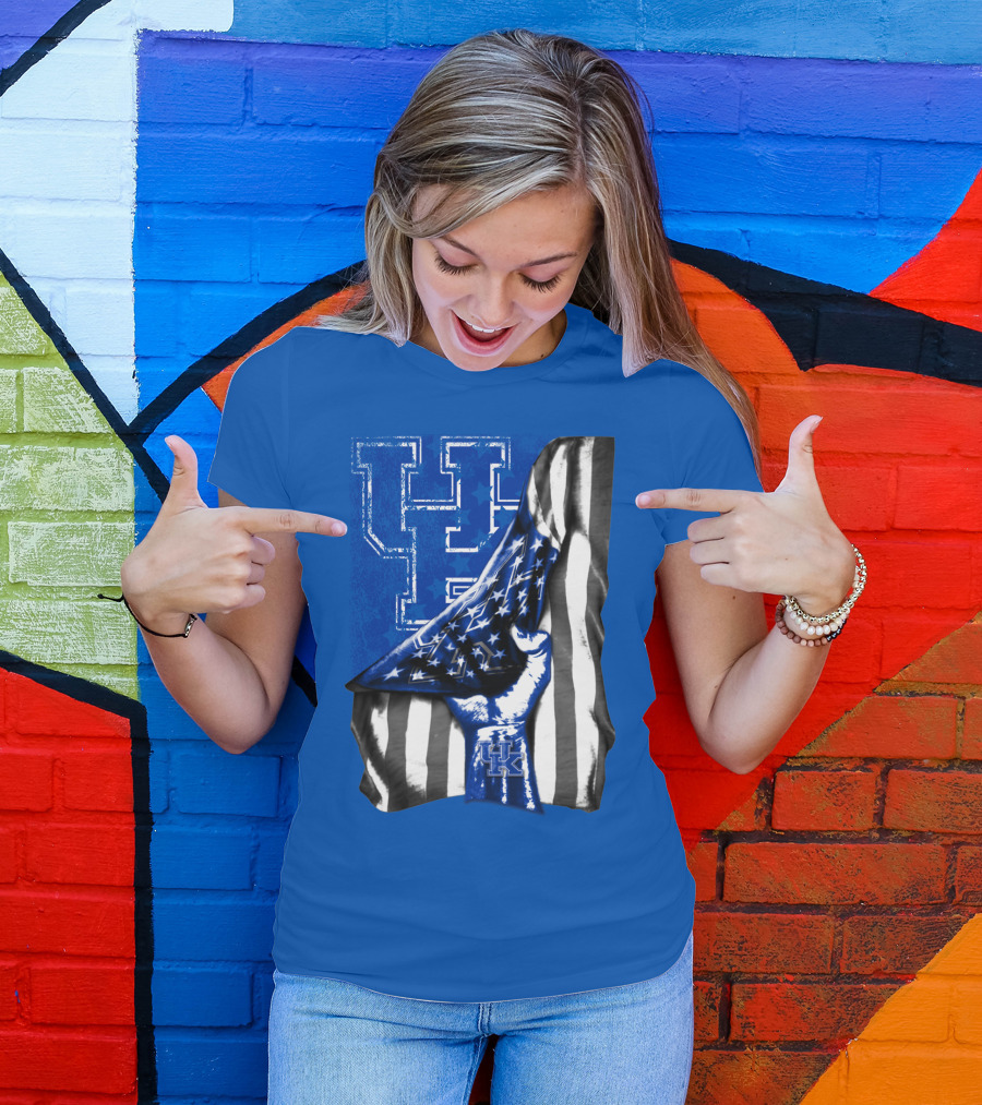Kentucky Wildcats U.s. Flag Blue And White Logo Fusion T-Shirt