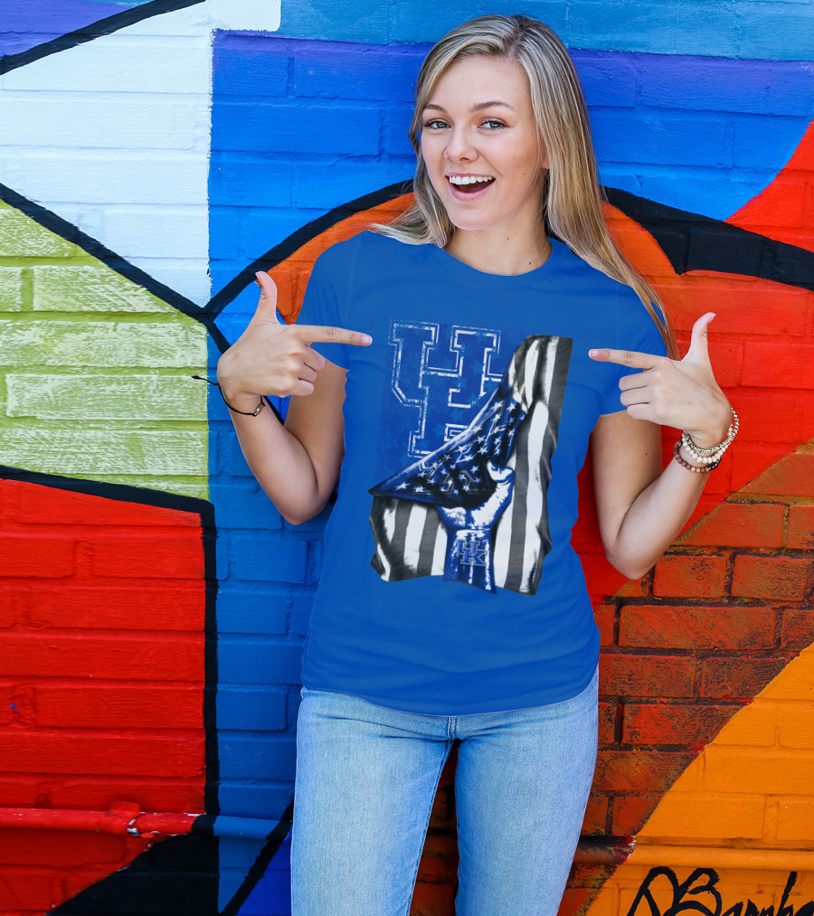 Kentucky Wildcats U.s. Flag Blue And White Logo Fusion T-Shirt