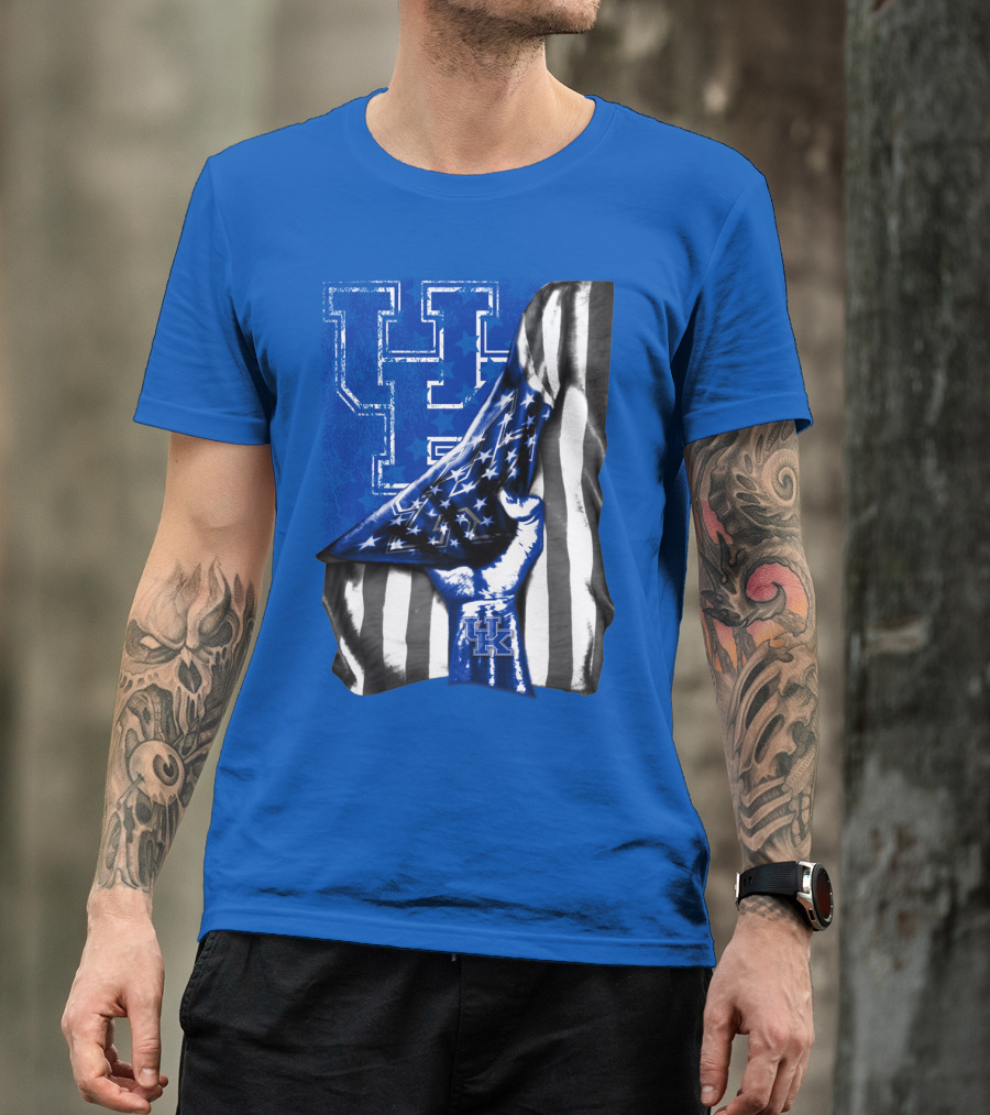 Kentucky Wildcats U.s. Flag Blue And White Logo Fusion T-Shirt