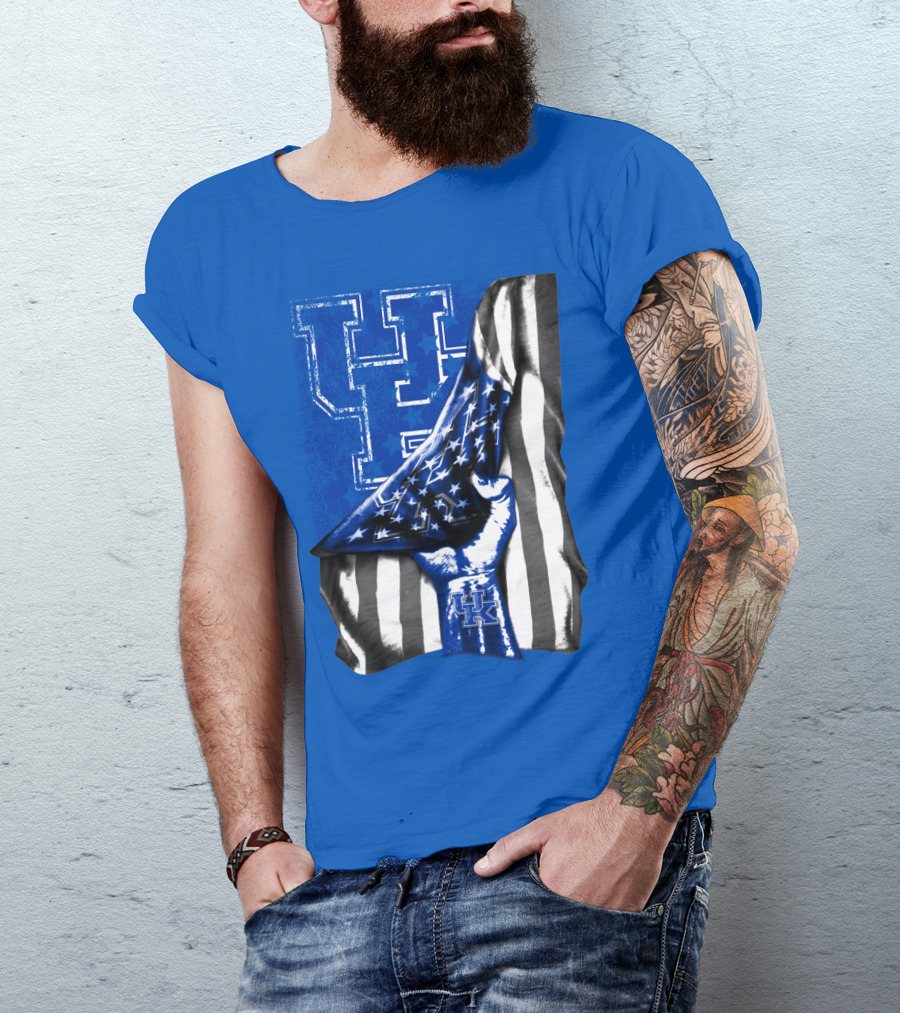 Kentucky Wildcats U.s. Flag Blue And White Logo Fusion T-Shirt