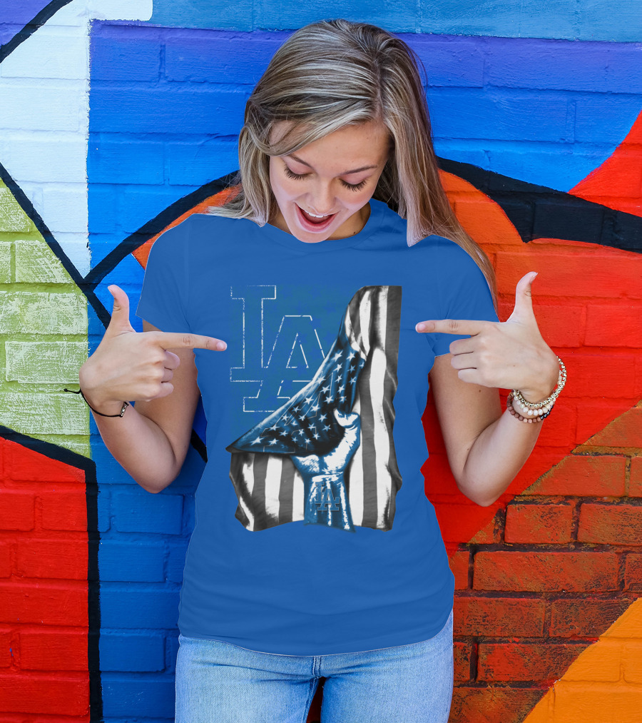 Los Angeles Dodgers La Logo American Flag Fist T-Shirt