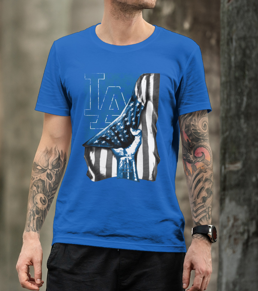 Los Angeles Dodgers La Logo American Flag Fist T-Shirt