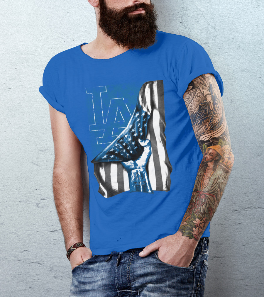 Los Angeles Dodgers La Logo American Flag Fist T-Shirt