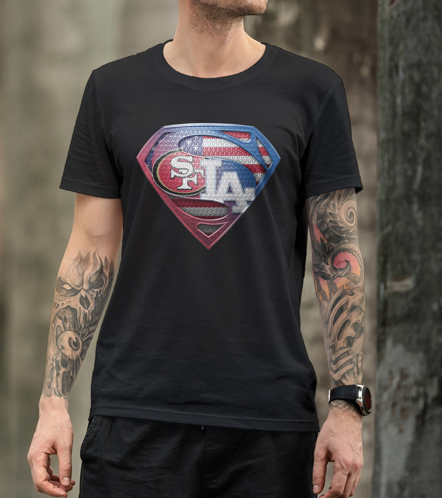 San Francisco 49ers Los Angeles Dodgers American Flag Superman T-Shirt