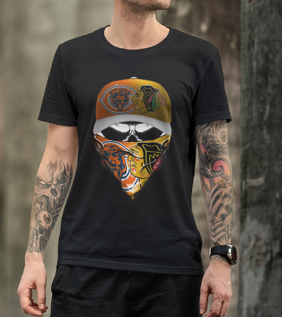 Chicago Bears Blackhawks Cap And Bandana Crossover T-Shirt