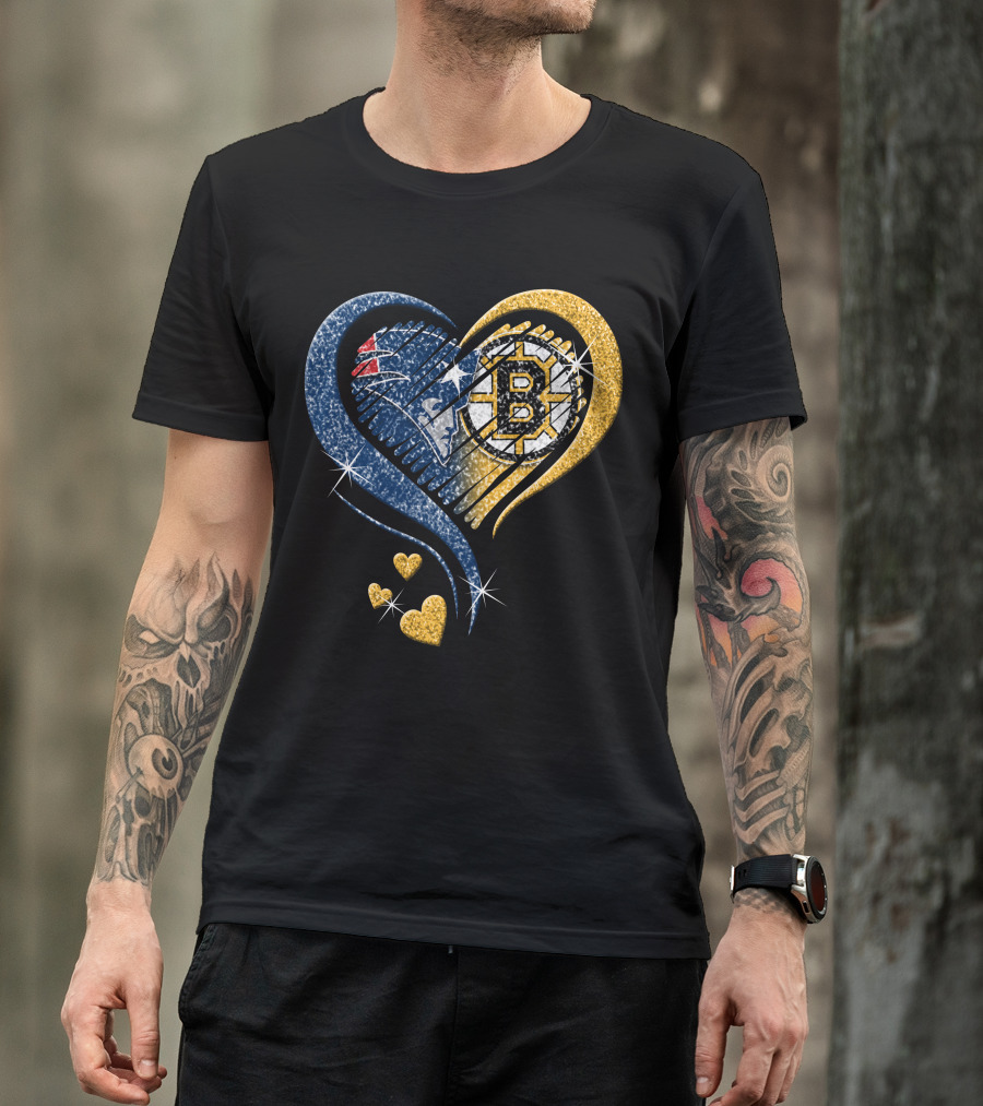 New England Patriots Boston Bruins Heart Design T-Shirt
