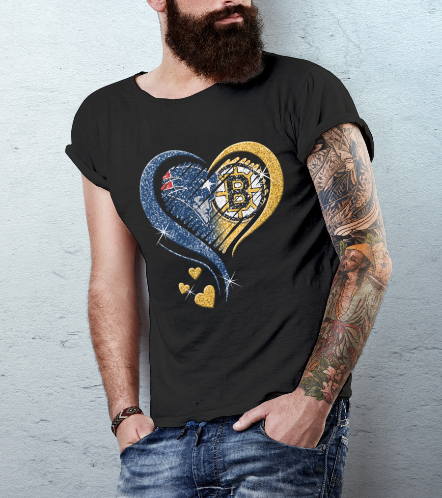 New England Patriots Boston Bruins Heart Design T-Shirt