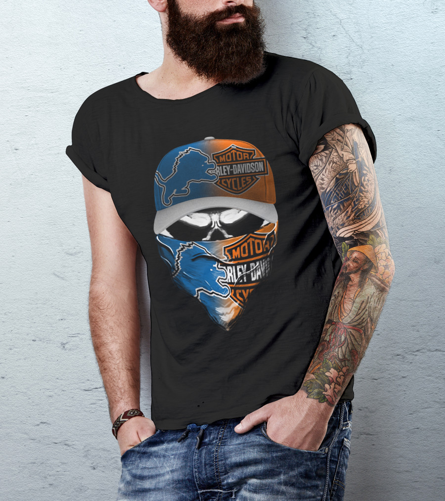Detroit Lions Harley Davidson Motorcycles Skull Mask T-Shirt