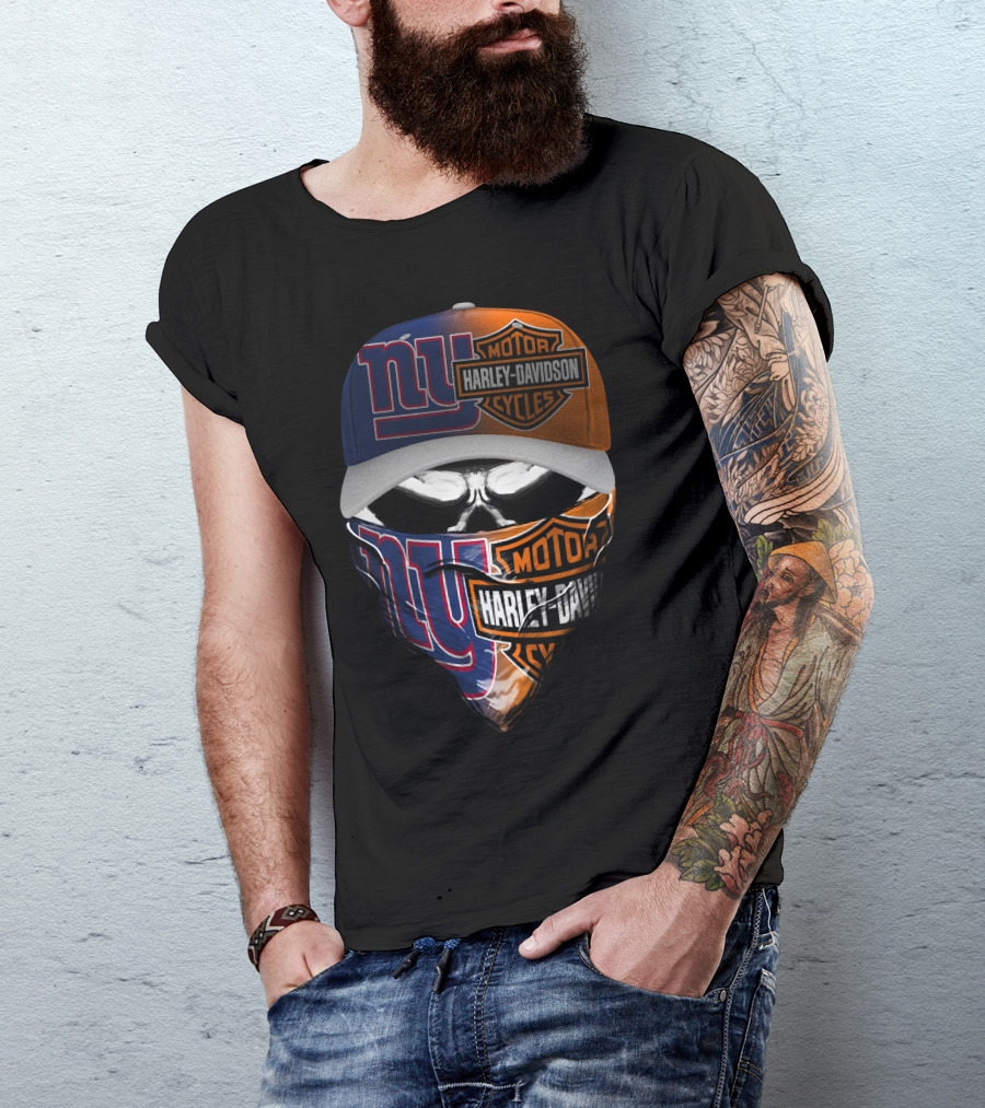 New York Giants And Harley Davidson Crossover Skull Mask Hat T-Shirt