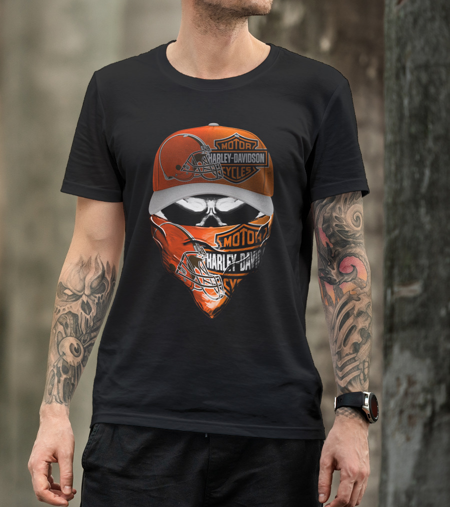 Harley Davidson Motorcycles Cleveland Browns Skull Cap And Bandana T-Shirt