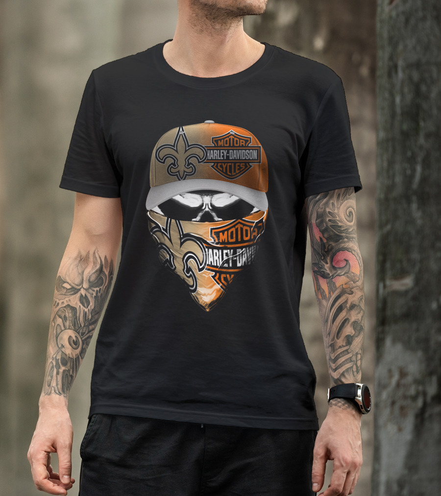Harley Davidson New Orleans Saints Fleur-De-Lis Skull Mask Hat T-Shirt