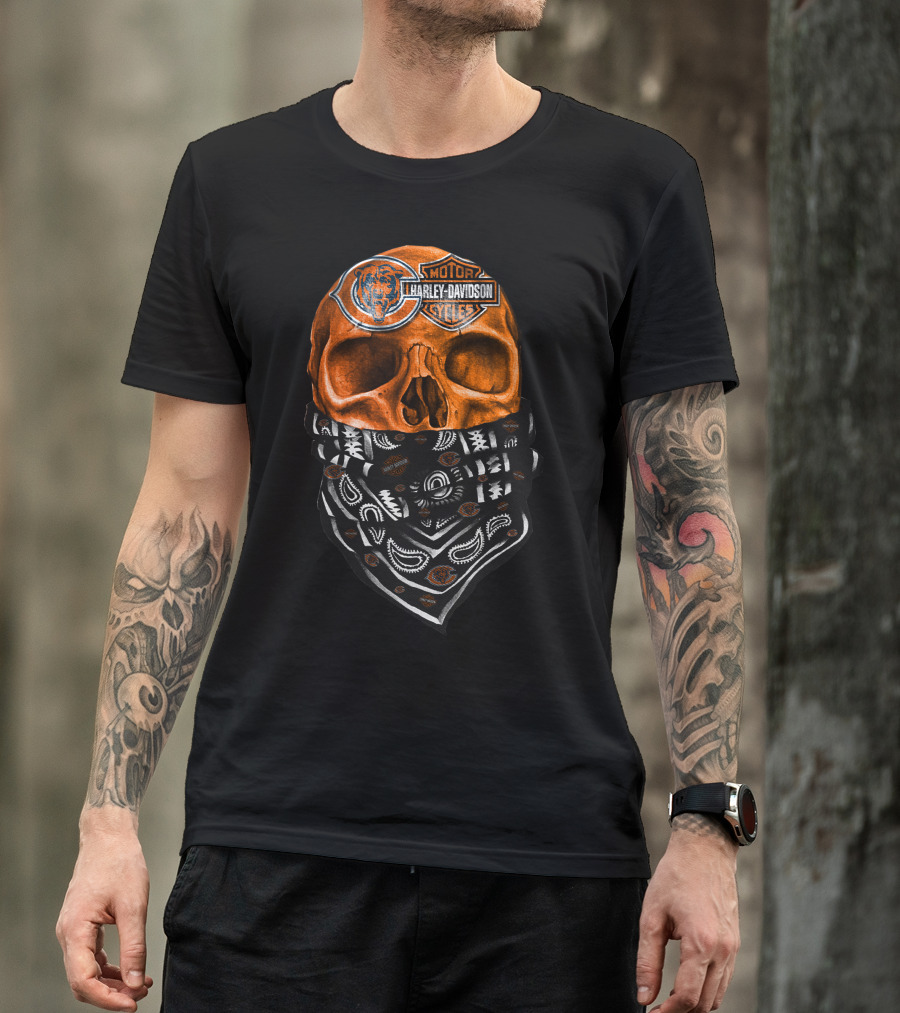 Harley Davidson Motorcycles Skull With Chicago Bears Logo Bandana T-Shirt