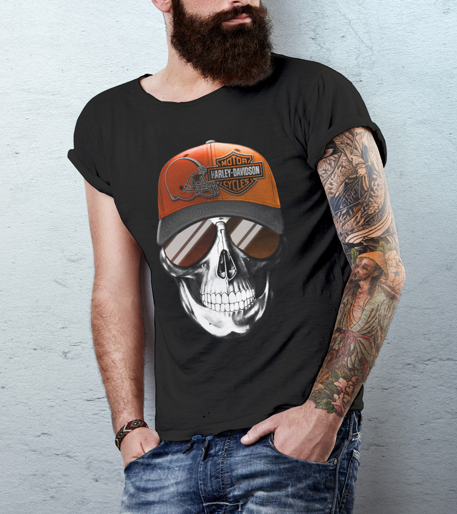 Cleveland Browns Harley Davidson Skull Sunglasses T-Shirt