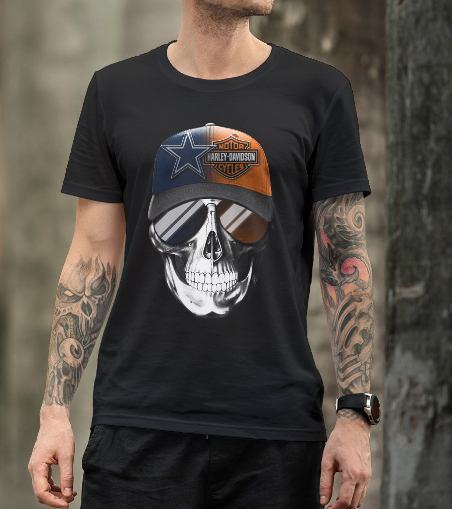 Harley Davidson Motor Cycles Dallas Cowboys Skull Hat T-Shirt