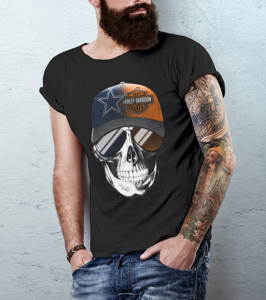 Harley Davidson Motor Cycles Dallas Cowboys Skull Hat T-Shirt