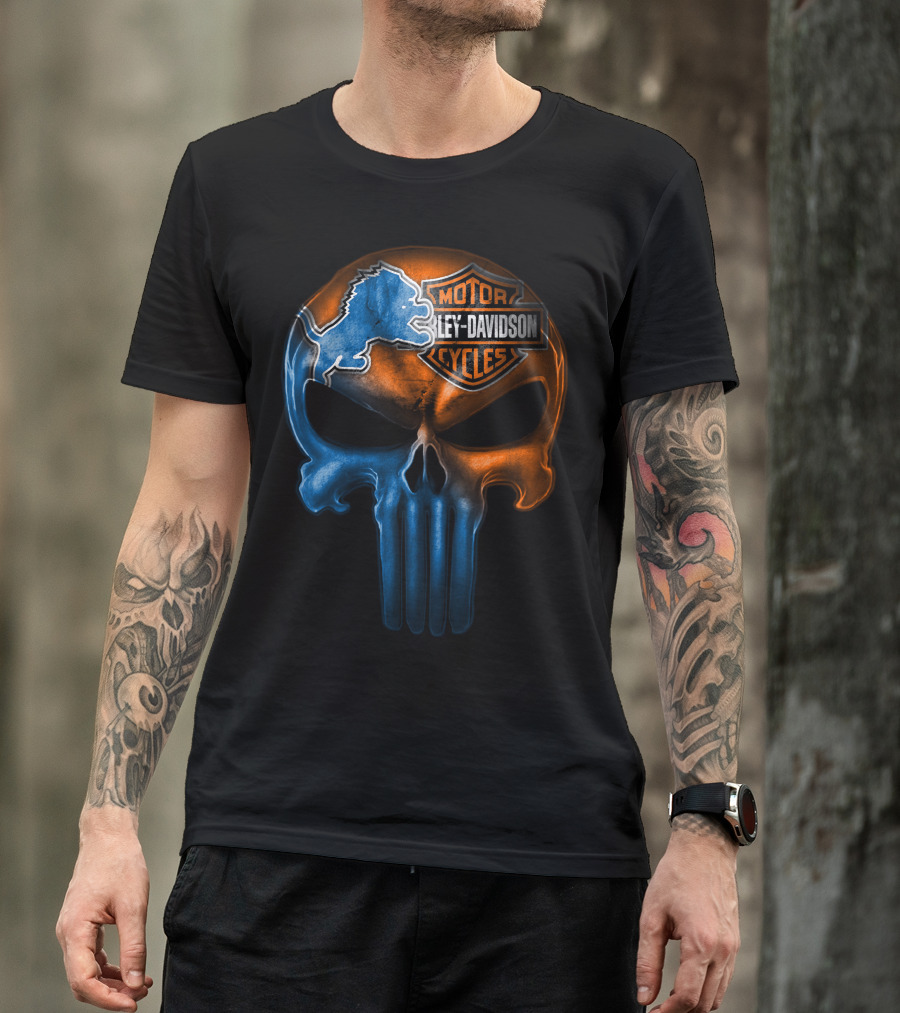 Detroit Lions Harley Davidson Motorcycles Punisher Skull T-Shirt