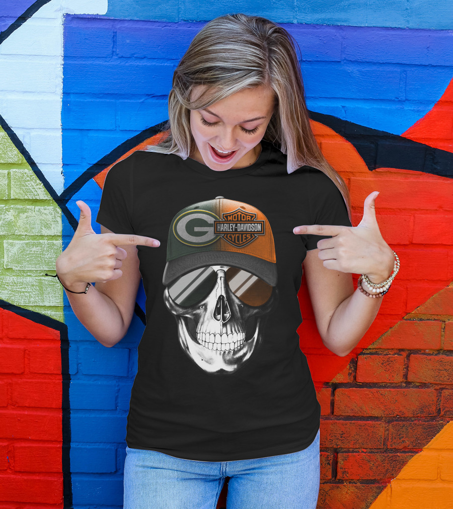 Green Bay Packers Harley Davidson Skull Cap T-Shirt