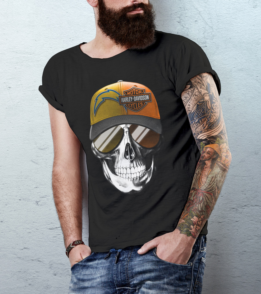 Los Angeles Chargers And Harley Davidson Motorcycle Skull Cap T-Shirt