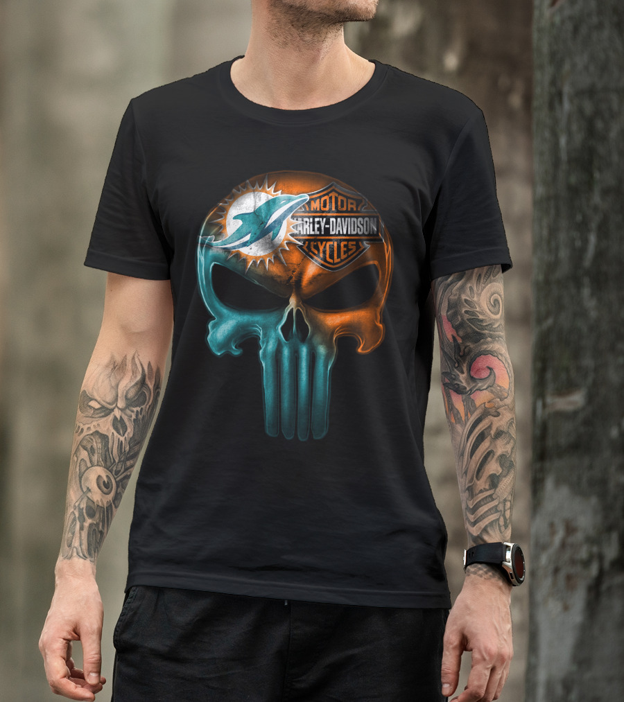 Miami Dolphins Harley Davidson Punisher Skull T-Shirt