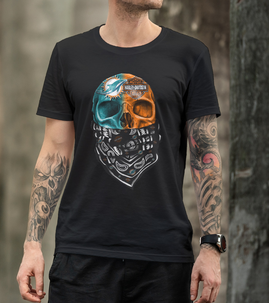 Miami Dolphins Harley Davidson Motorcycles Bandana Skull T-Shirt
