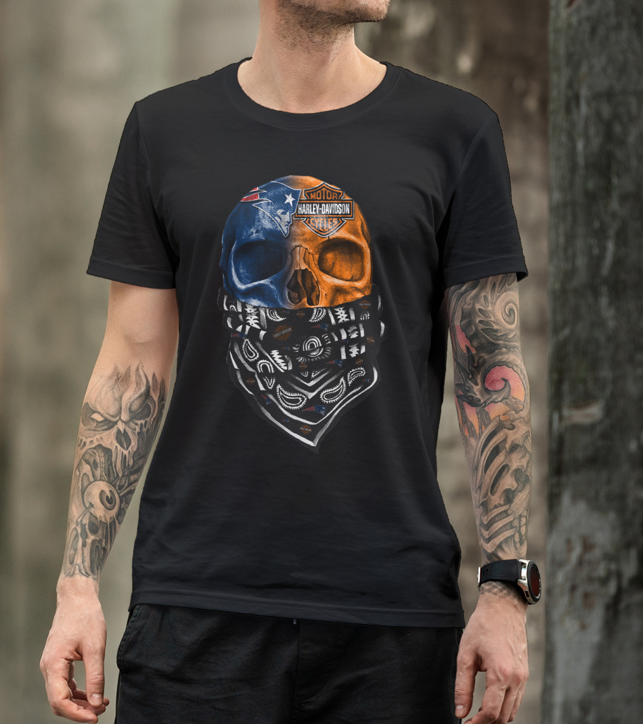 New England Patriots Harley Davidson Bandana Skull T-Shirt
