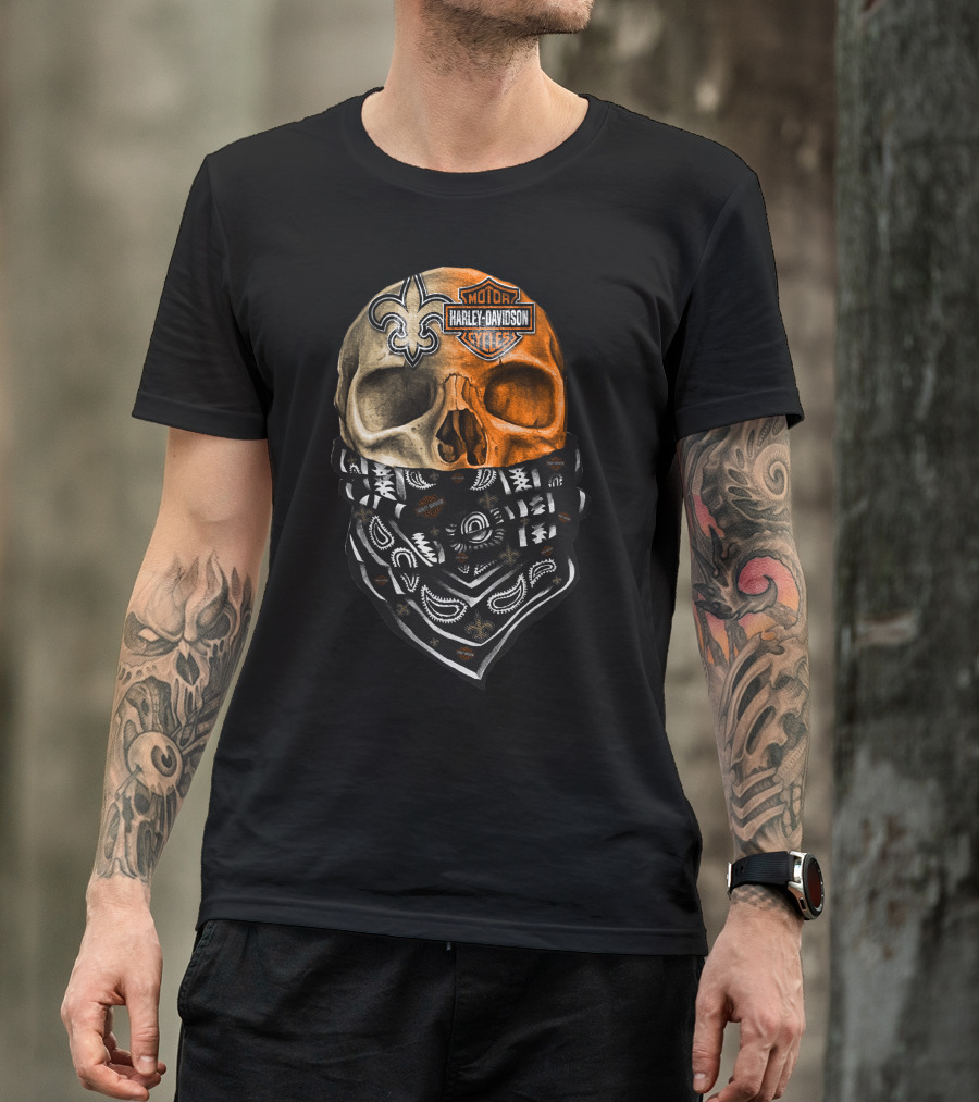 Harley Davidson Skull With Bandana And Fleur-De-Lis Symbol T-Shirt