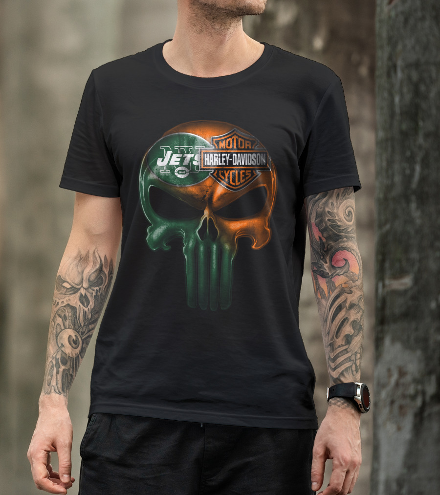 New York Jets Harley Davidson Skull T-Shirt