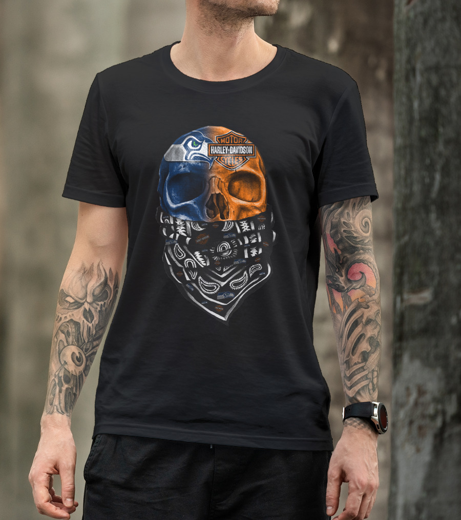 Seattle Seahawks Harley Davidson Skull Bandana T-Shirt