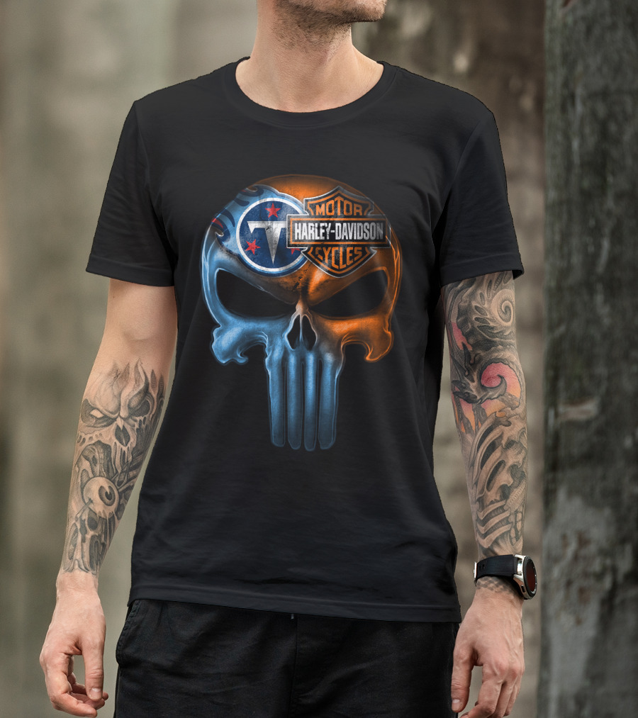 Harley Davidson Motorcycles And Tennessee Titans Logo Skull T-Shirt